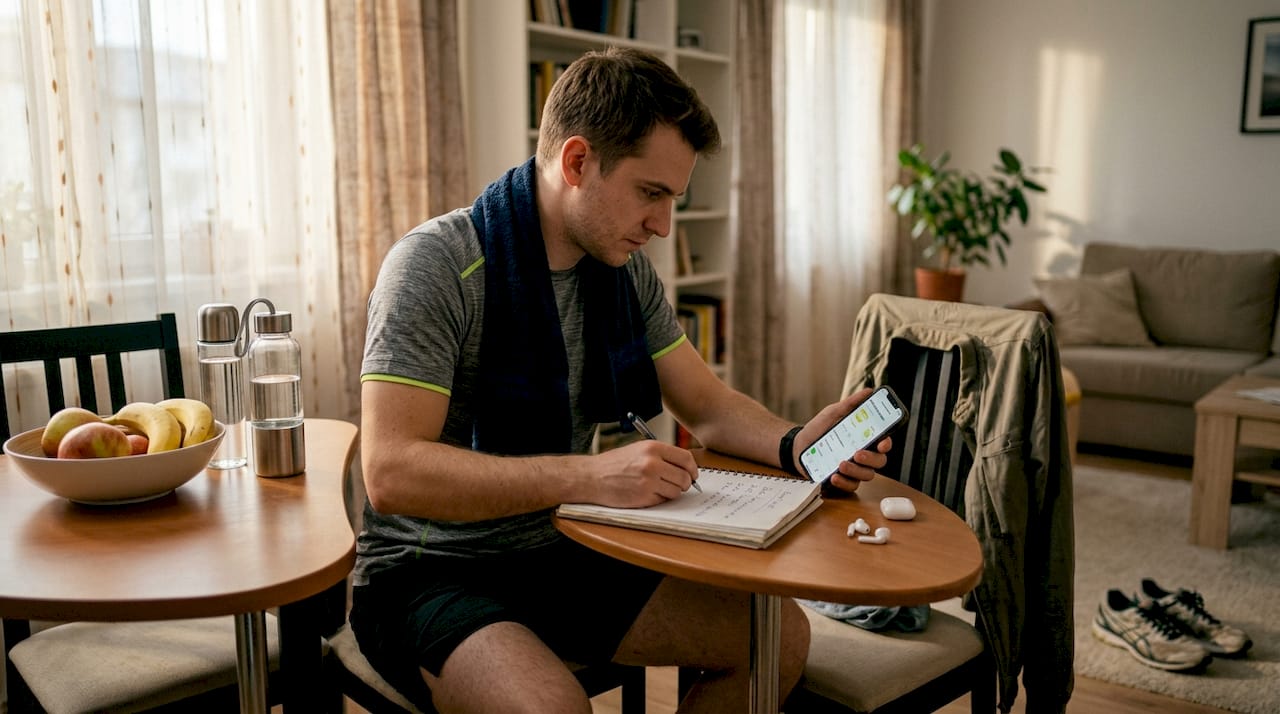 Bărbat care își urmărește evoluția la capitolul fitness, chiar la masa din bucătărie