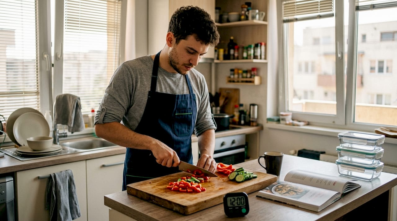 Un bărbat își pregătește mesele pentru săptămână în bucătăria de acasă.