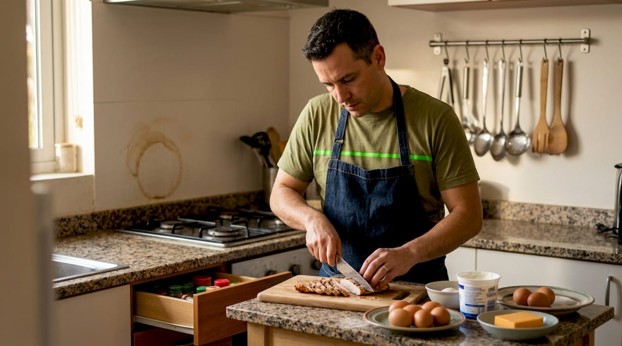 Bărbat care gătește diferite feluri de carne și preparate din proteine animale