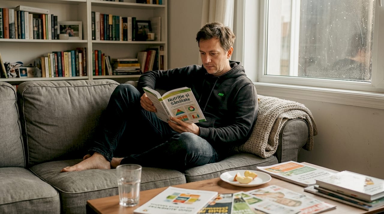 Răsfoiesc o carte despre alimentație, relaxat pe canapeaua din sufragerie.