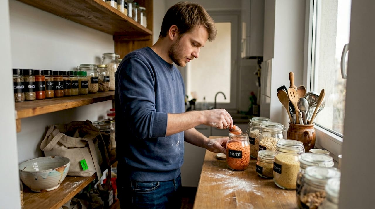 Un bărbat își aranjează cămara cu produse vegane, pregătindu-se pentru mesele din săptămâna următoare.