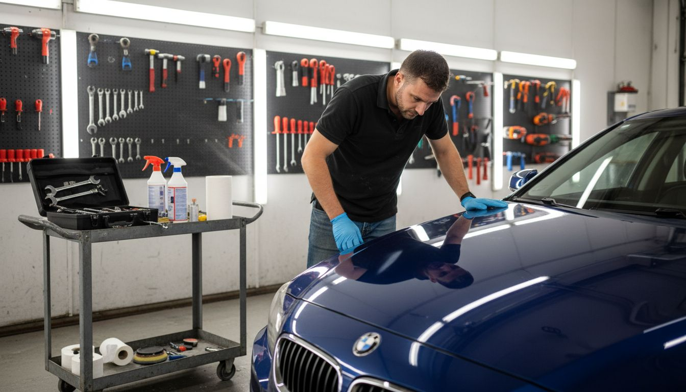 Automotive detailer inspecting ceramic-coated car