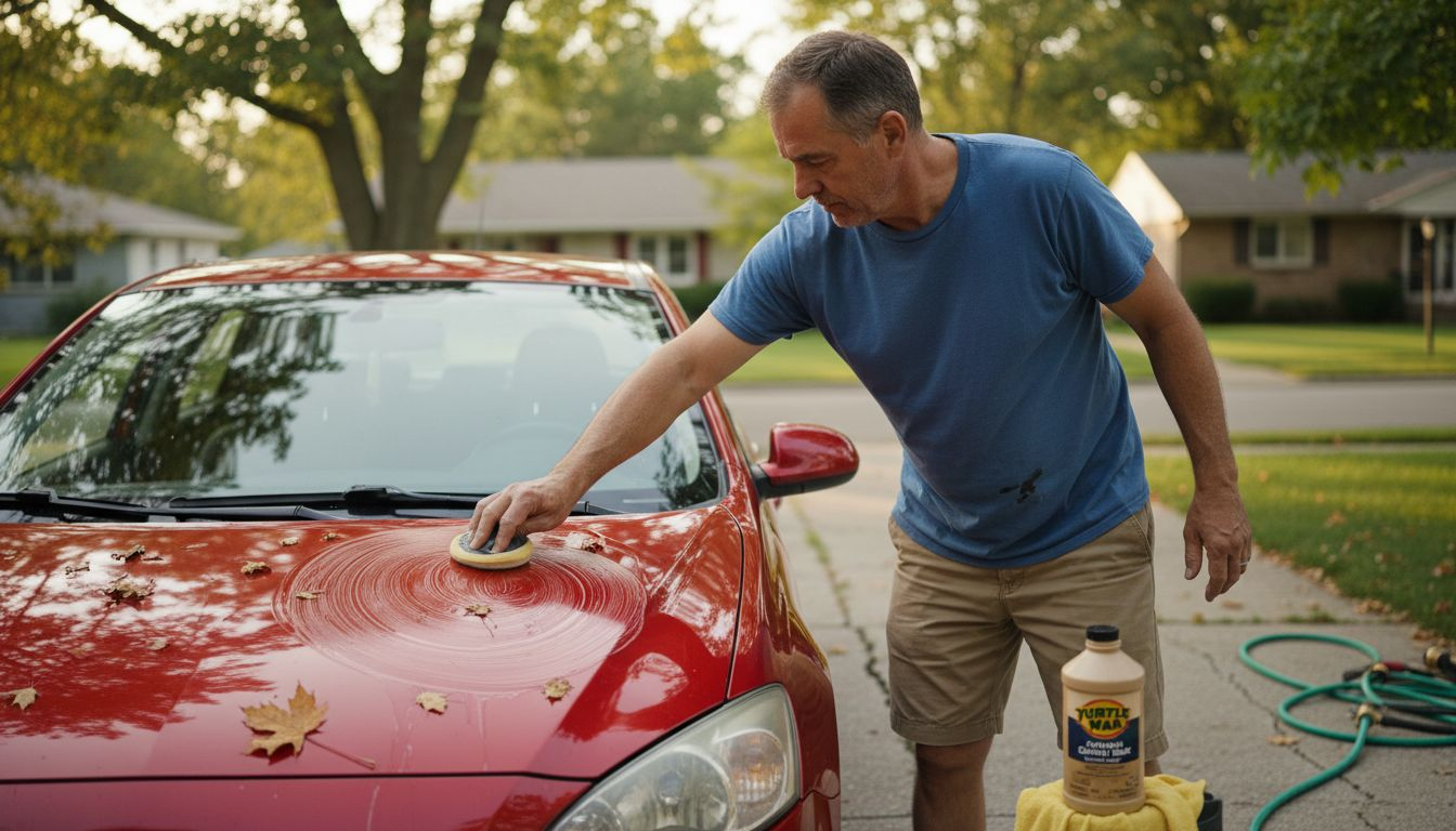 Hand waxing red car in home driveway