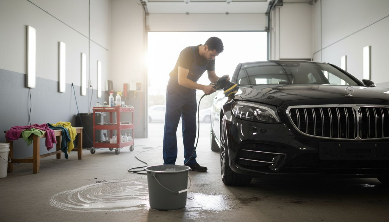 Detailer working on luxury sedan in auto studio
