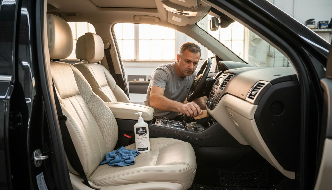 Technician cleaning luxury SUV leather interior