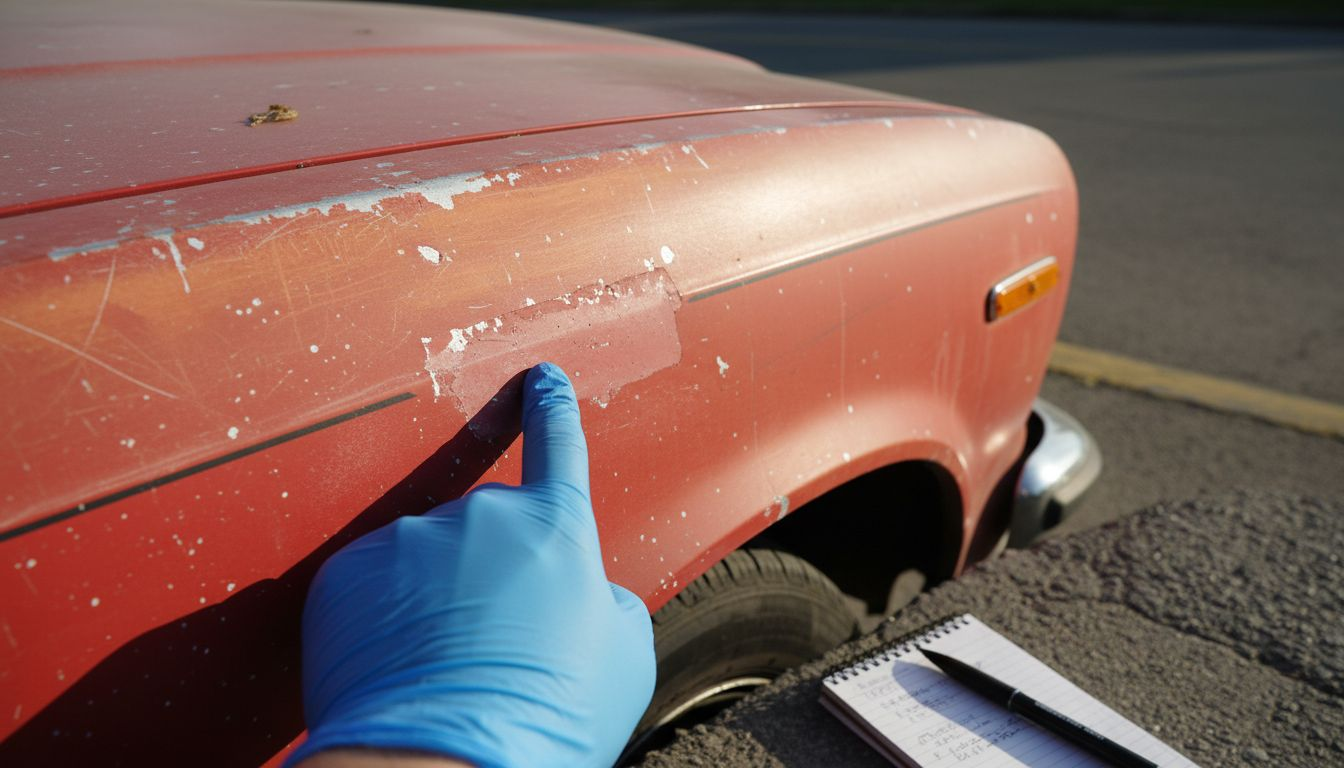 Surface damage to faded vehicle paint close-up