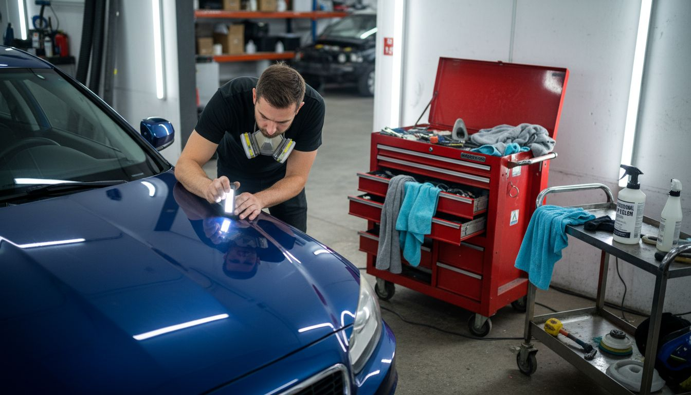 Technician inspecting car paint finish