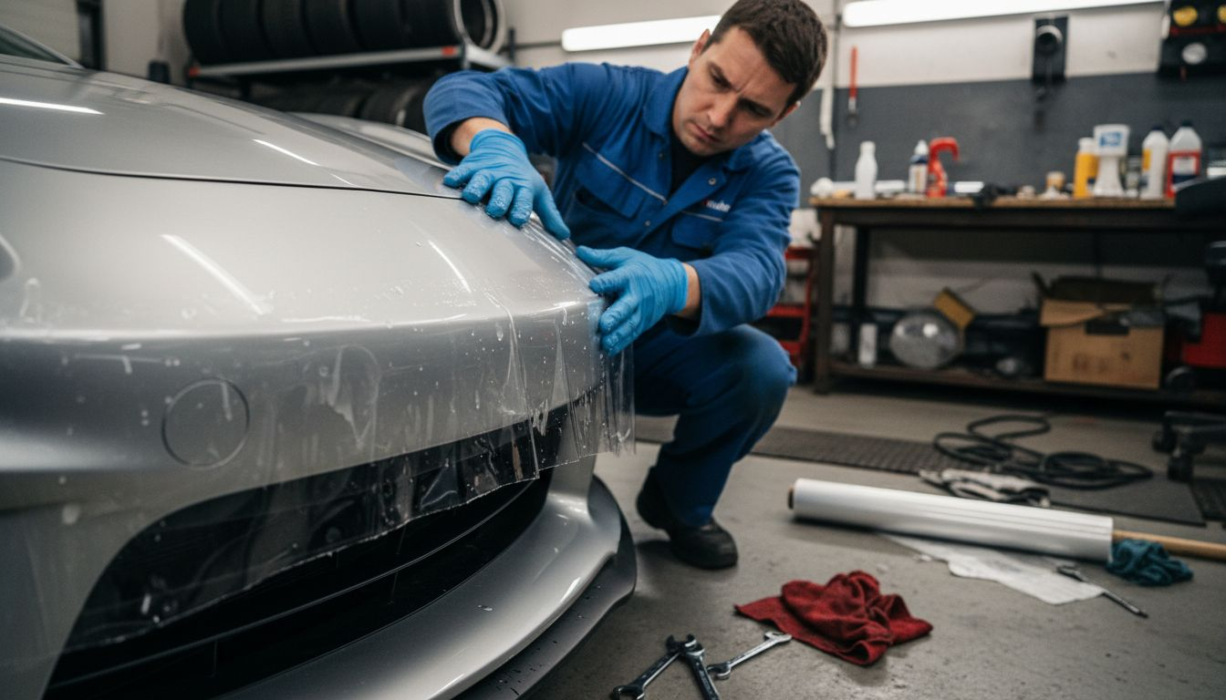Technician applying protective film to car