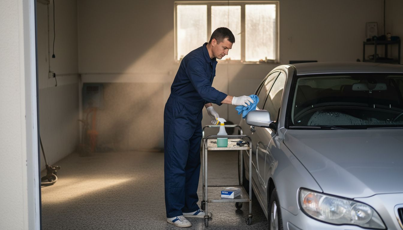 Technician preparing car window for tinting