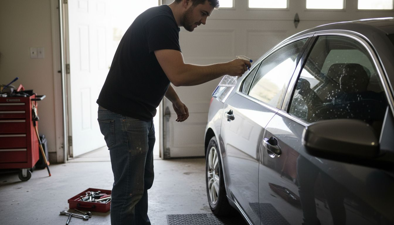 Technician prepares window for tinting in garage