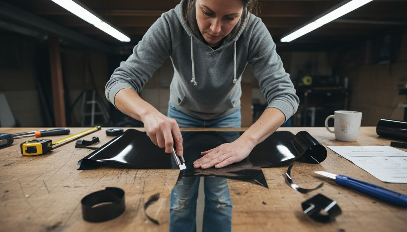 Woman cuts window tint film on workbench