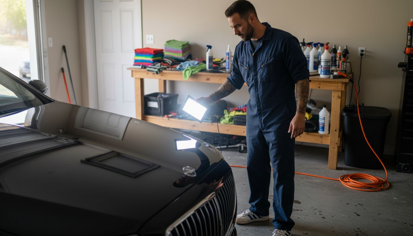 Auto detailer inspecting car paint correction results