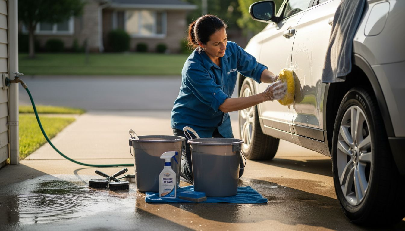 Woman washing car during paint decontamination