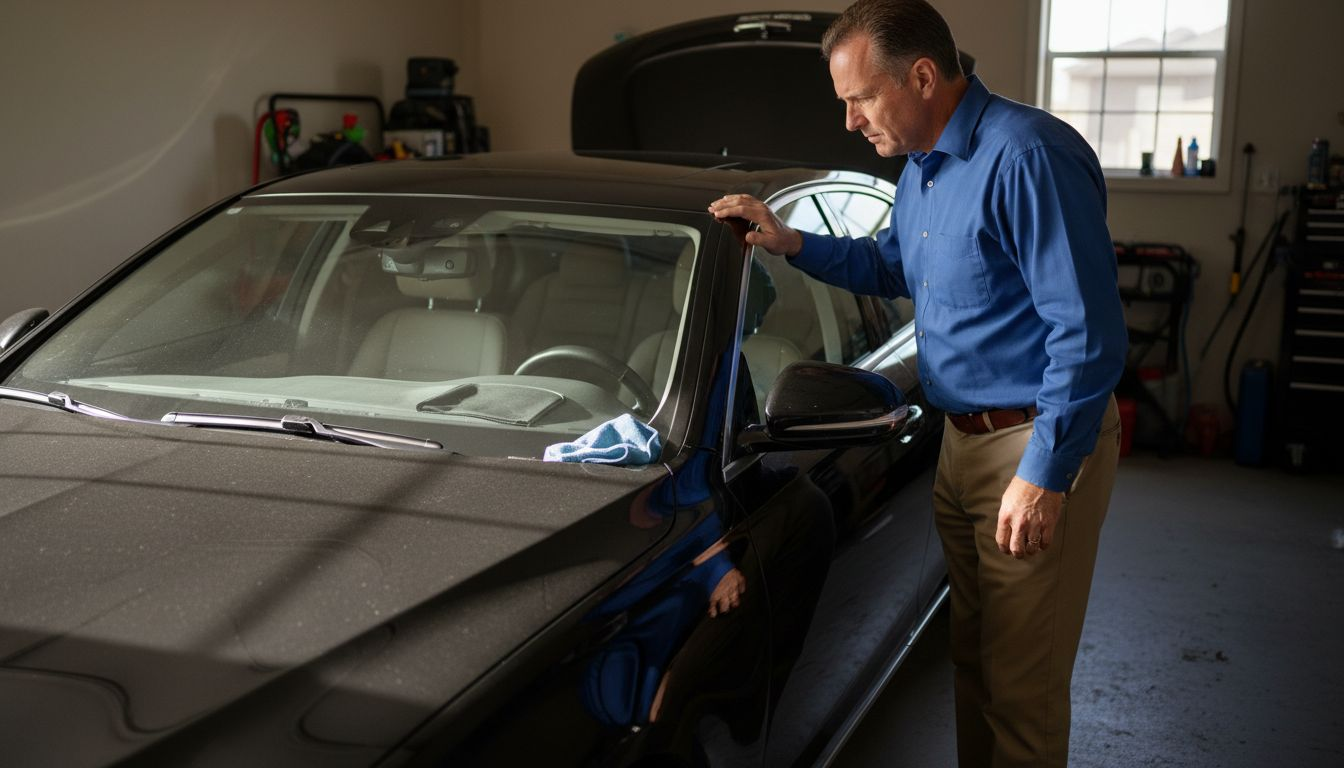 Luxury car owner inspecting tinted windows