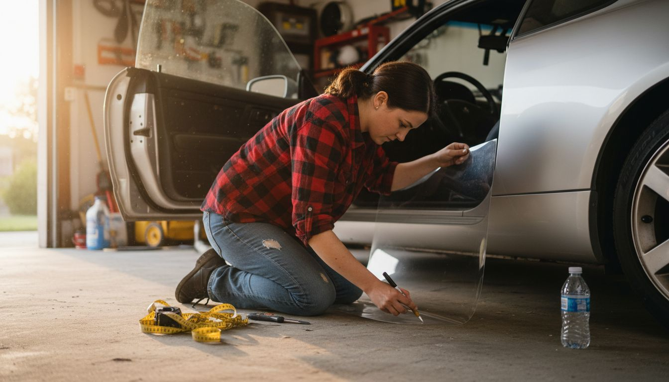 Woman measures and cuts film on car door