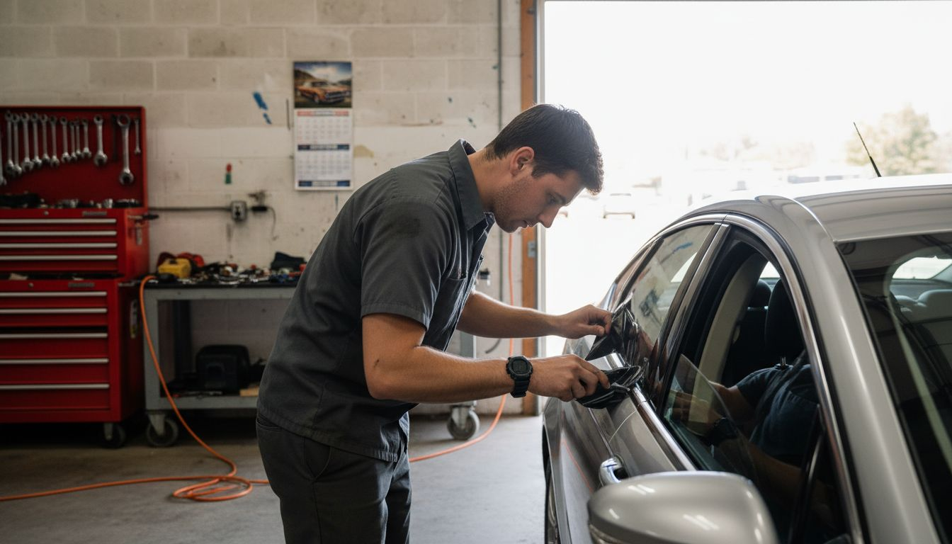 Technician installing ceramic tint on car window