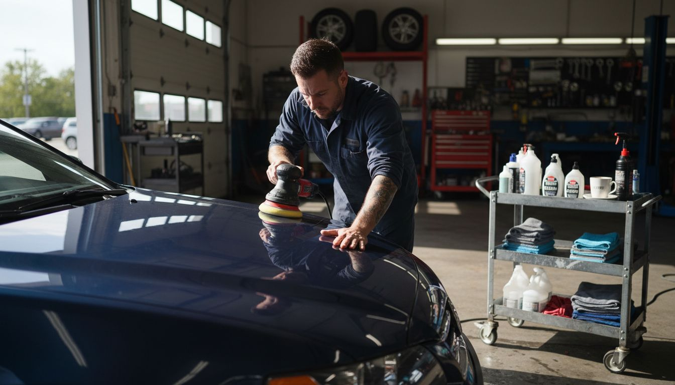 Auto detailer inspecting car paint correction in garage