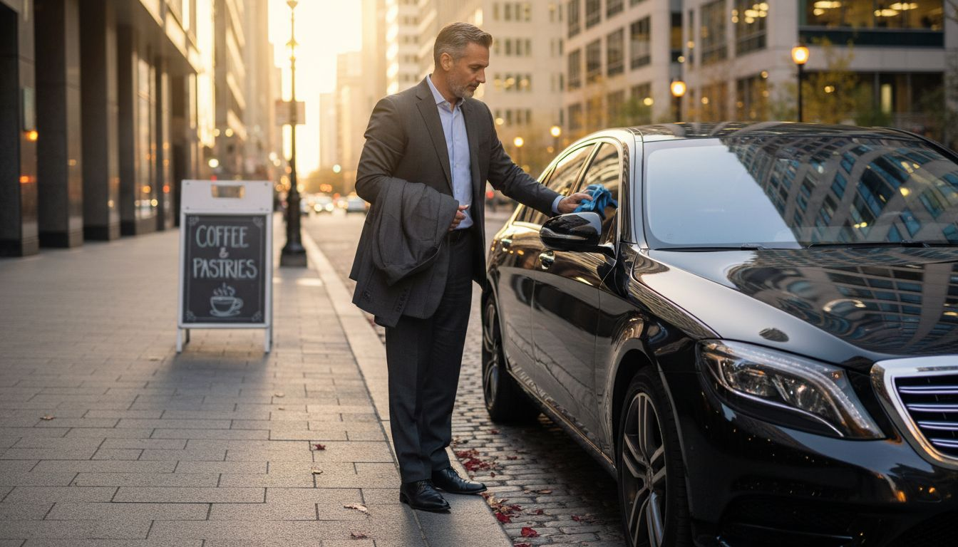 Luxury car owner polishes tinted window curbside
