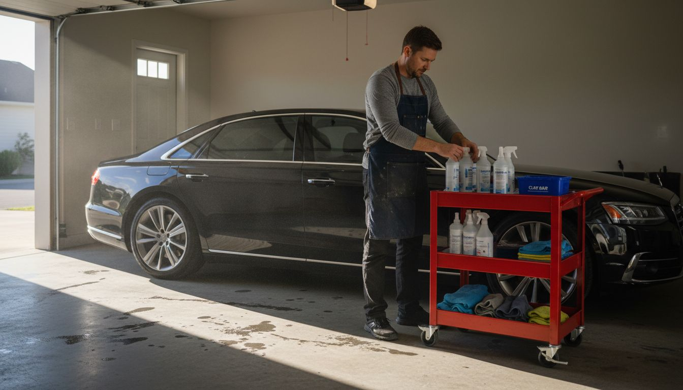 Detailer prepares luxury car in home garage