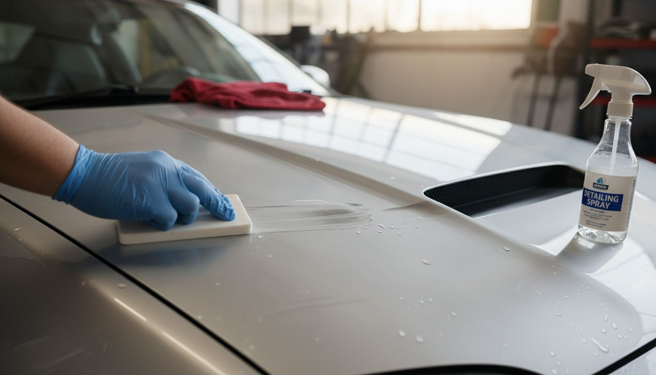 Clay bar cleaning on car hood close-up