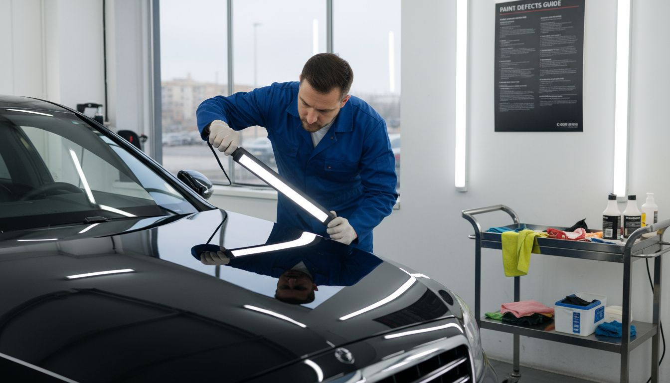 Paint specialist inspects luxury car finish