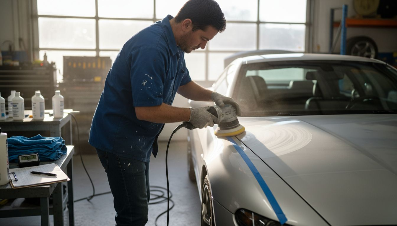 Technician performing paint correction on coupe