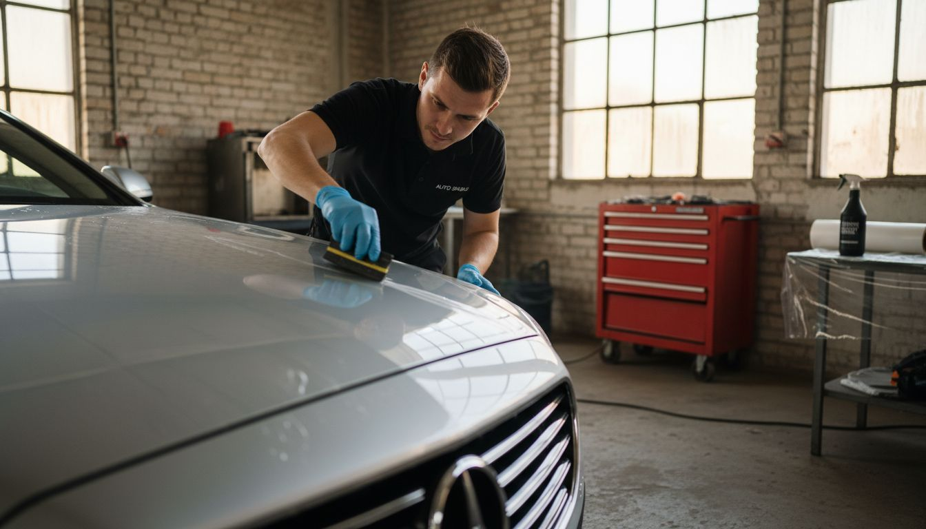 Technician applies paint protection film to car hood