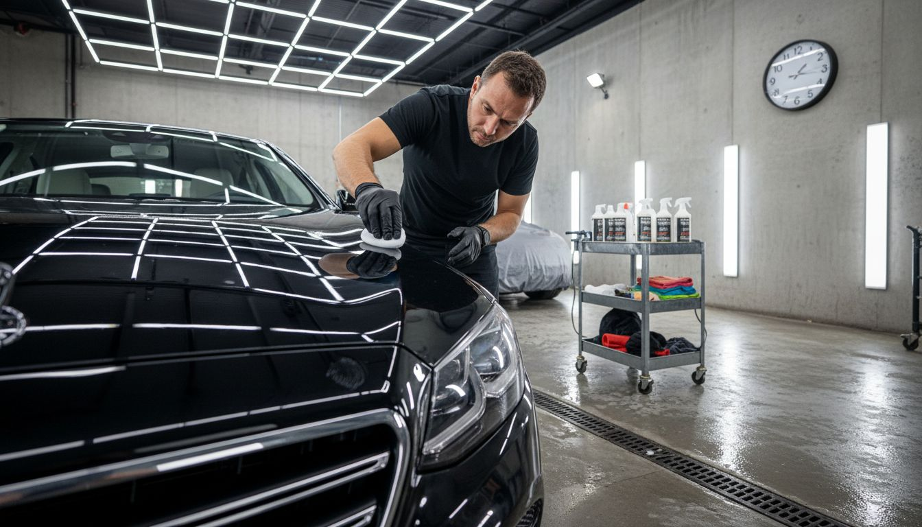 Auto detailer applying ceramic coating to sedan