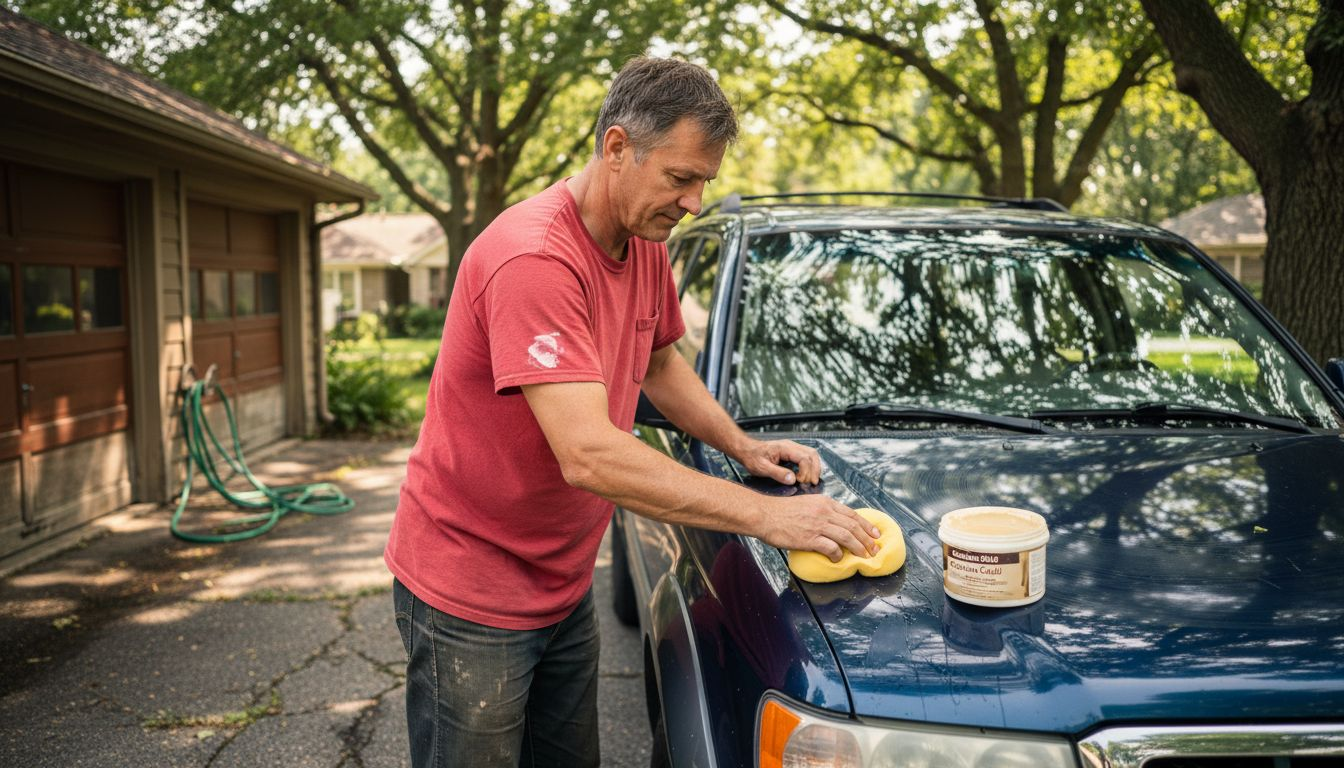 Man waxing SUV on sunny driveway