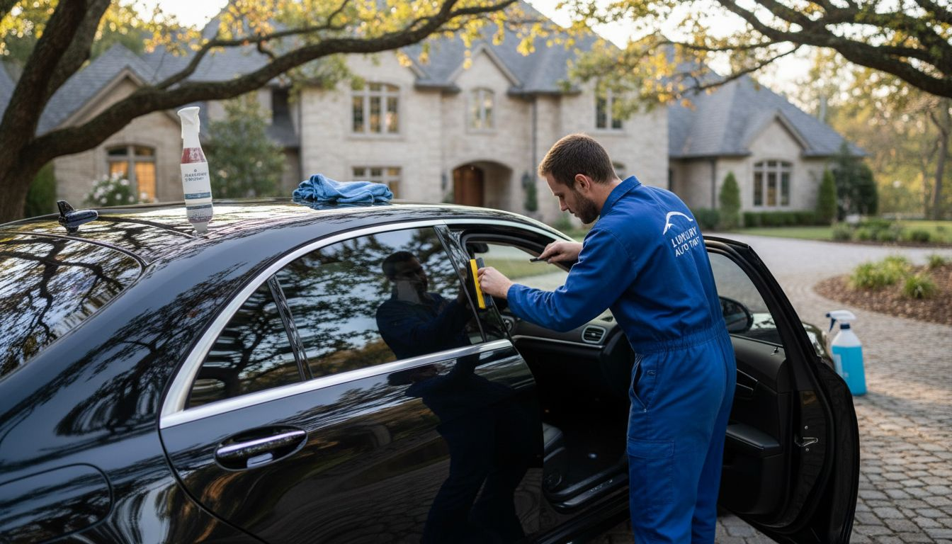 Luxury sedan receiving professional window tint application