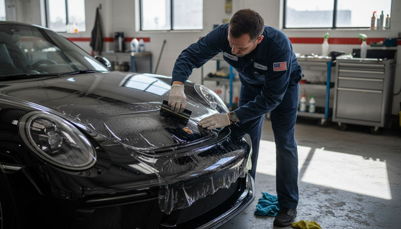 Technician applying paint film to luxury car hood