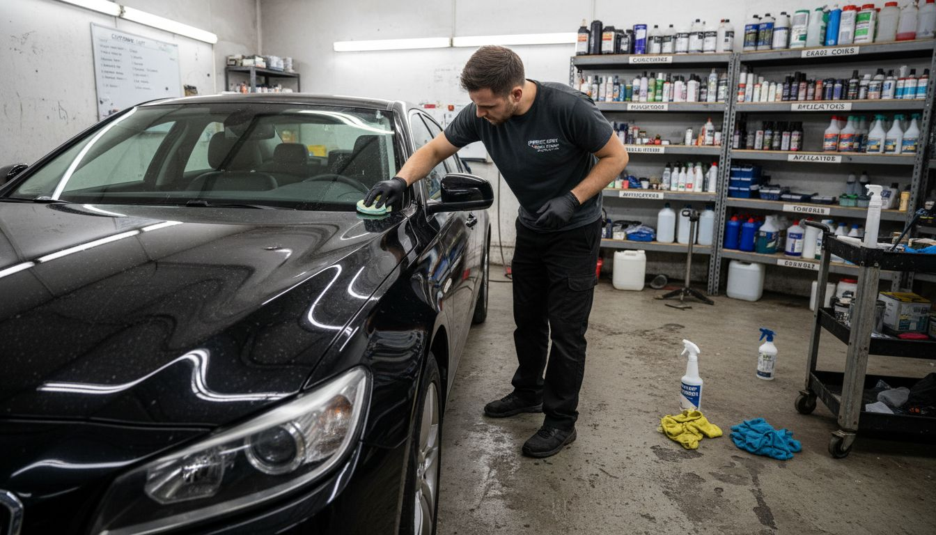 Technician applying ceramic coating to car