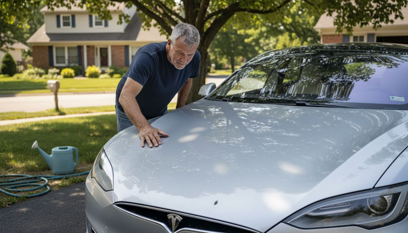 Man inspects car hood for UV sun damage
