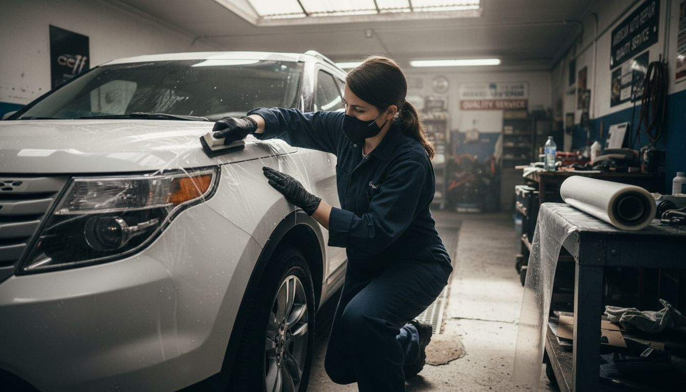 Technician applies UV protection film on hood