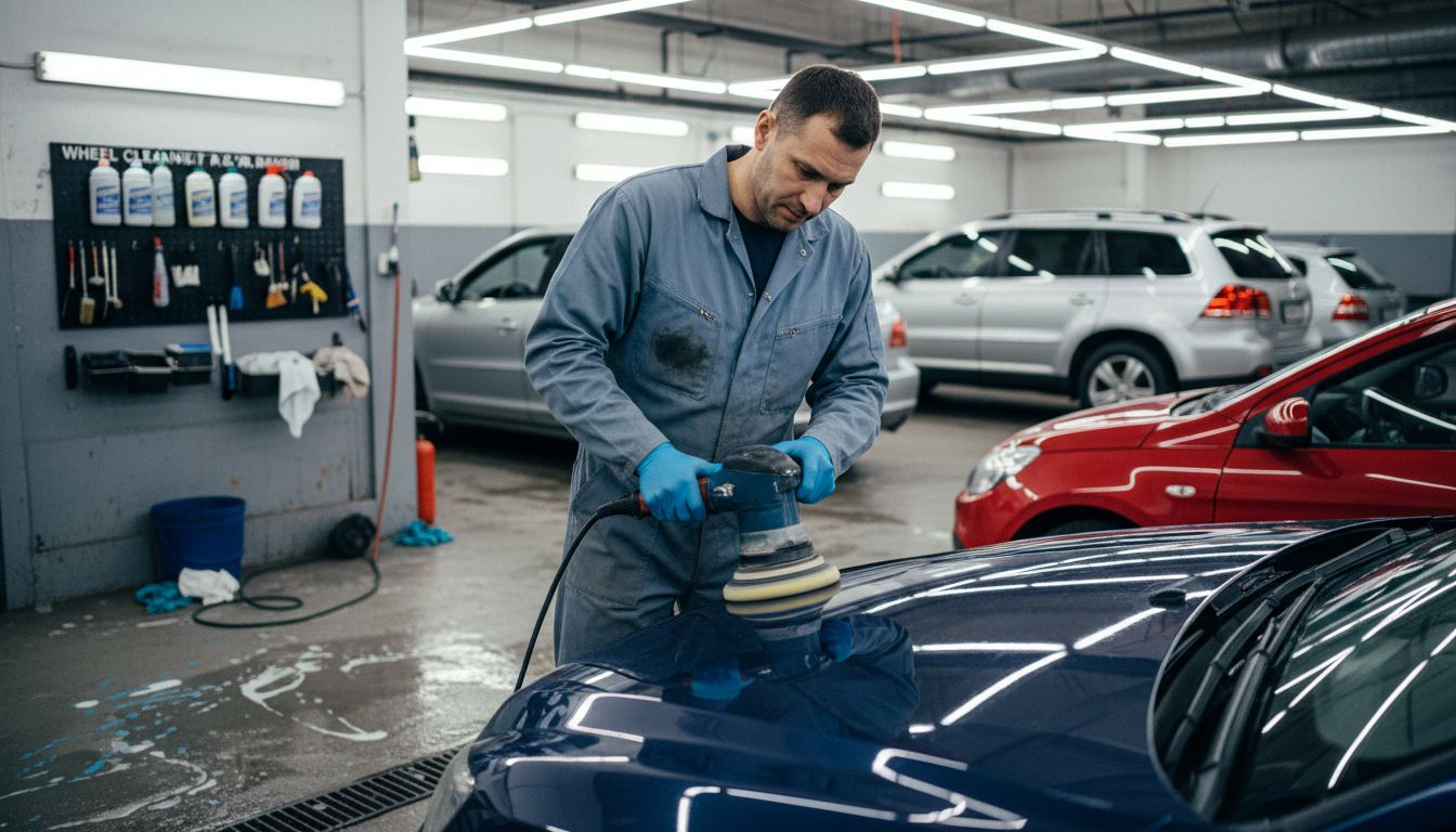 Detailer polishing car in workshop