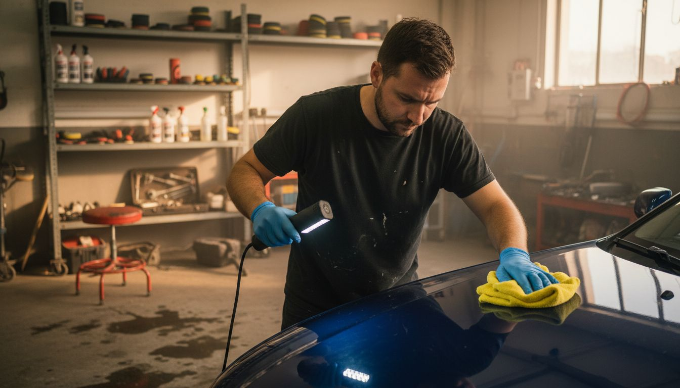 Auto detailer inspecting car paint with lamp