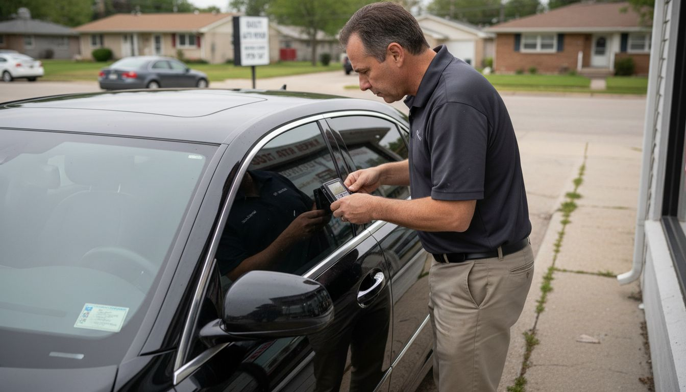 Man checking window tint on luxury sedan