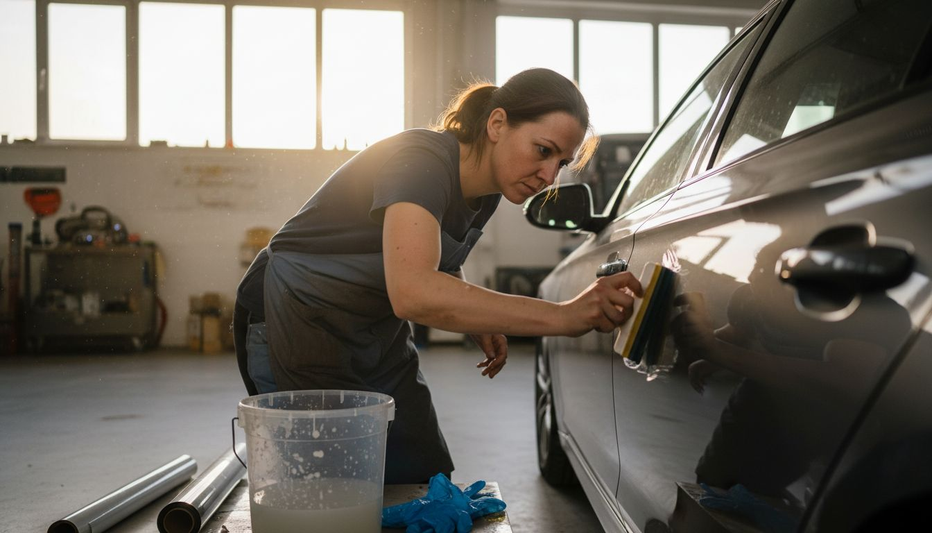 Installer applying tint film to car window