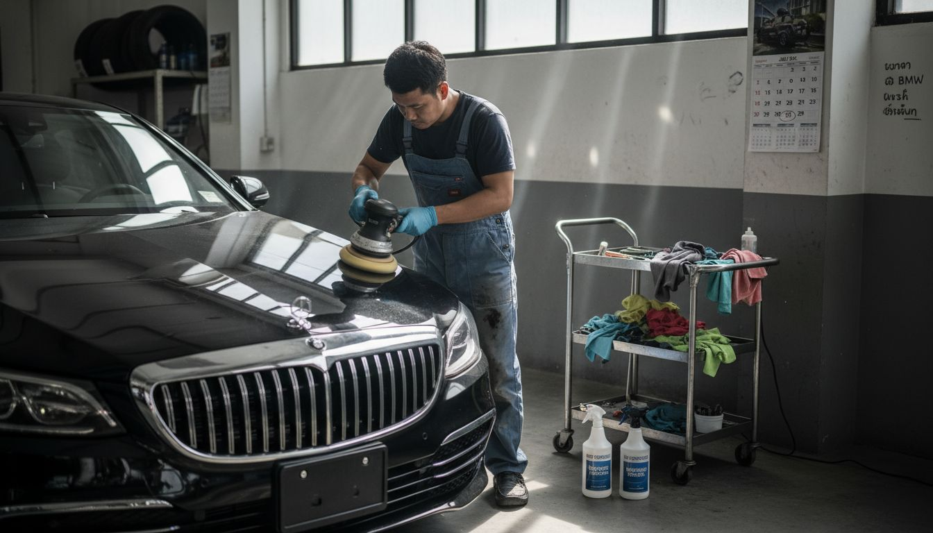 Detailer polishing black luxury car in garage