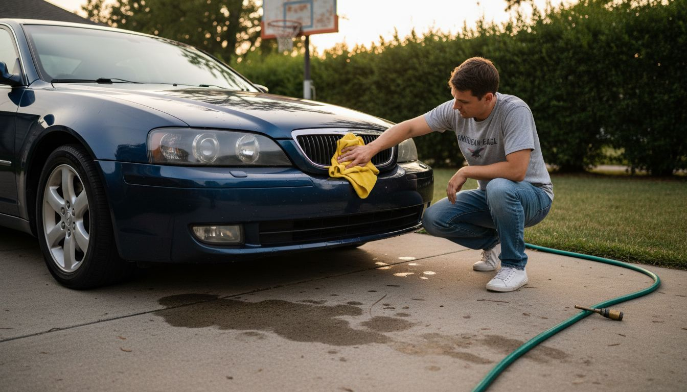 Car with tinted headlights in driveway