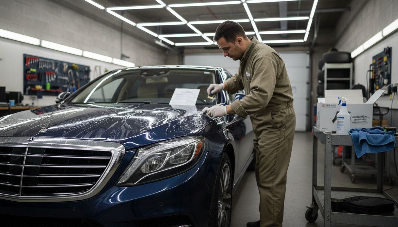 Technician installing paint protection film on car
