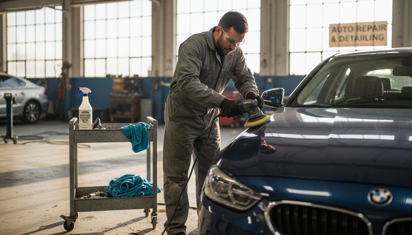 Auto detailer buffing car in sunlit workshop