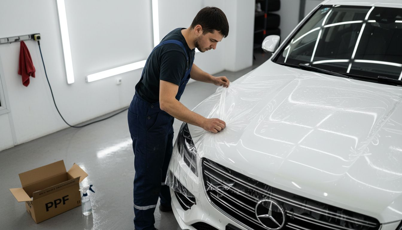 Technician applying paint protection film to SUV
