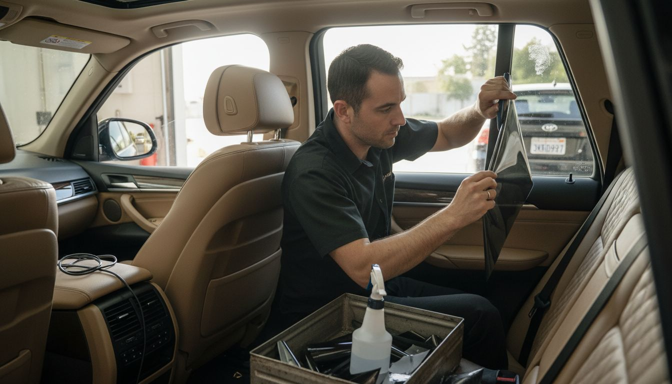 Technician applies tint to luxury SUV interior