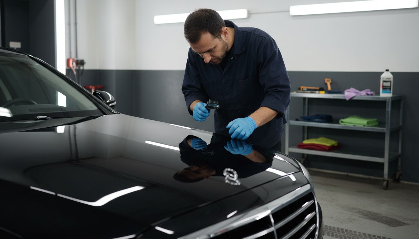 Technician inspecting luxury car paint surface