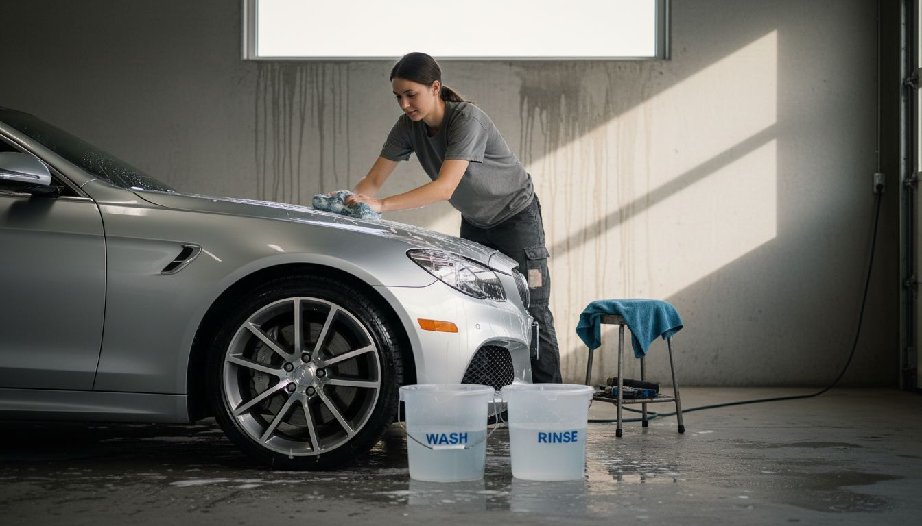 Detailer cleaning luxury vehicle with sponge