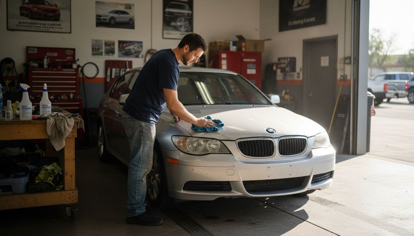 Detailer prepares vehicle in garage for PPF