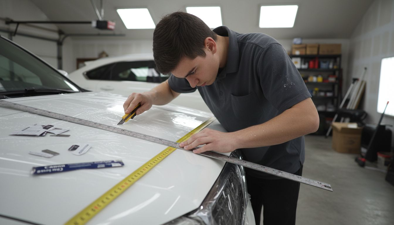 Technician cutting paint film on SUV trunk