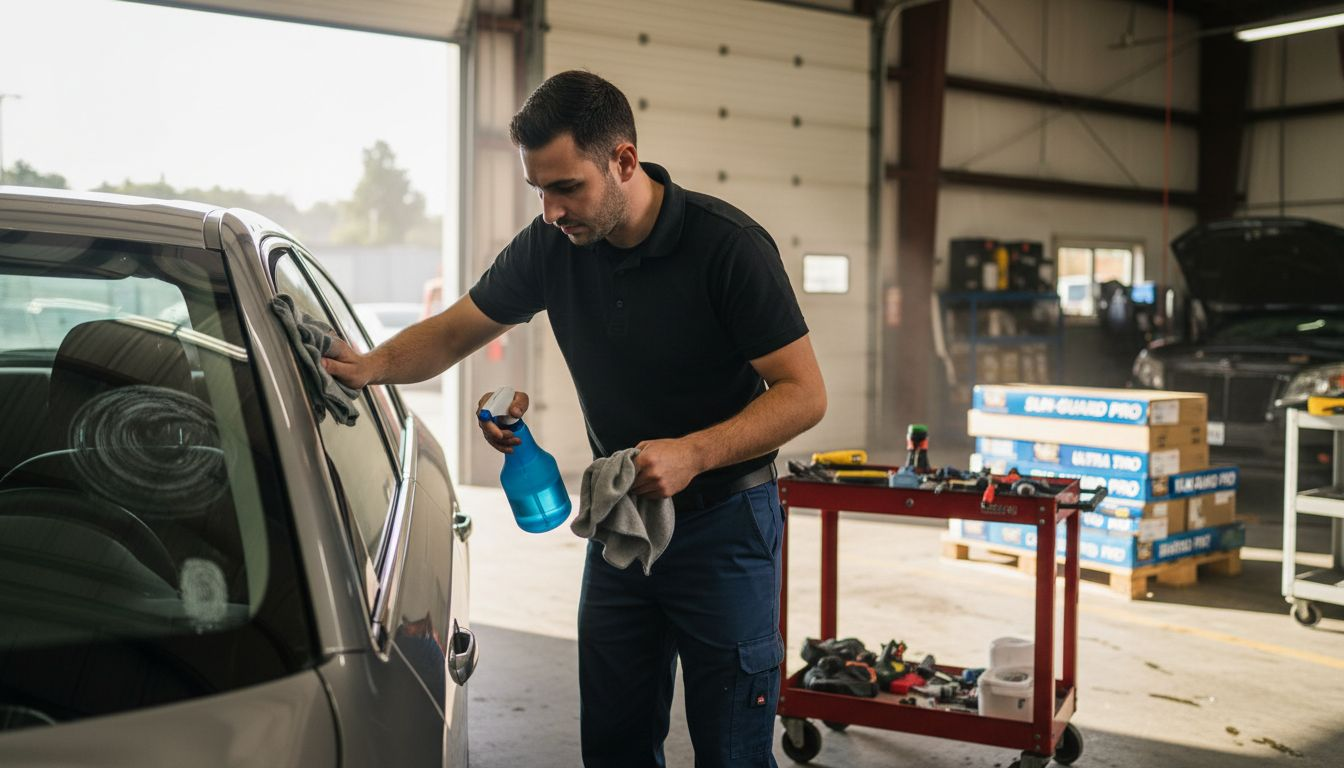 Technician cleaning car window before tint