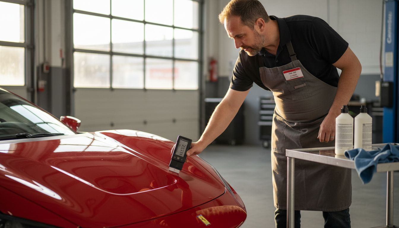 Technician inspecting paint thickness of sports car